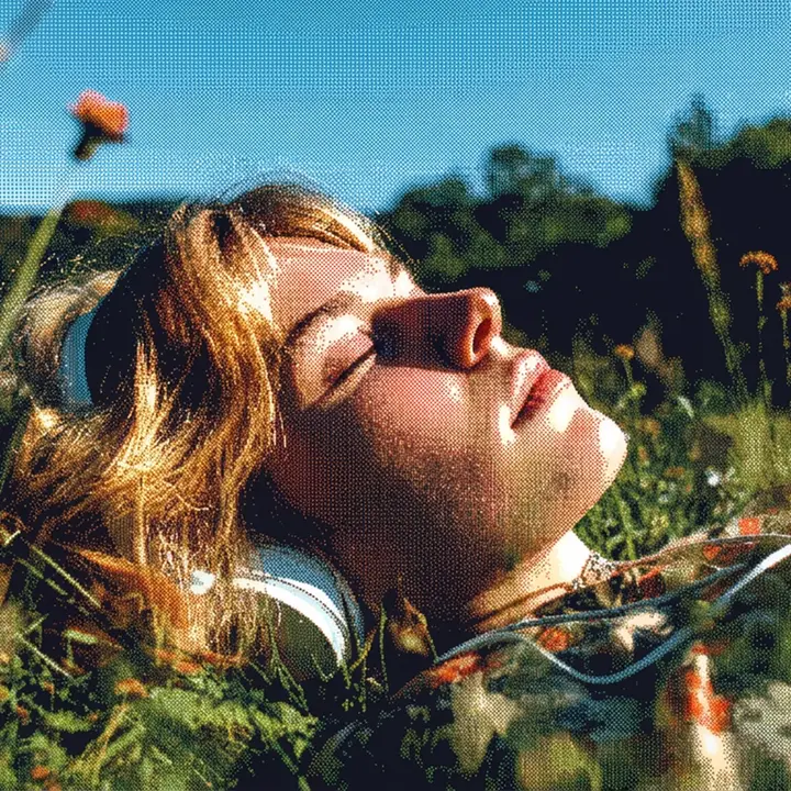 Woman listening to headphones outdoors, reclining with her eyes closed in the sun.