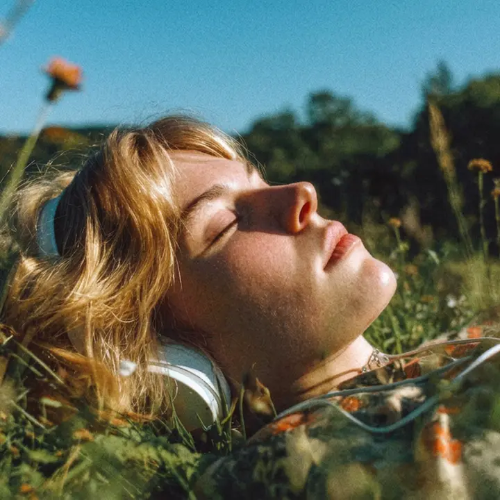 Woman listening to headphones outdoors, reclining with her eyes closed in the sun.