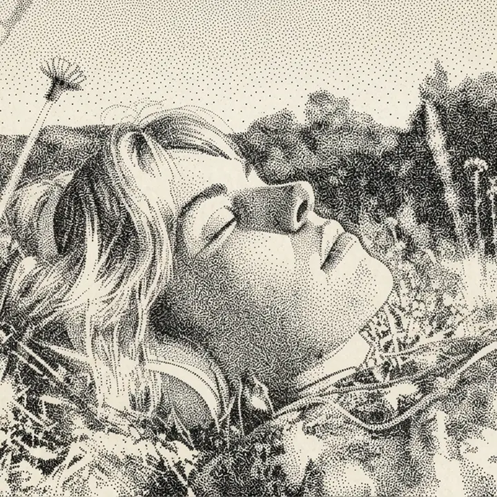 Woman listening to headphones outdoors, reclining with her eyes closed in the sun.