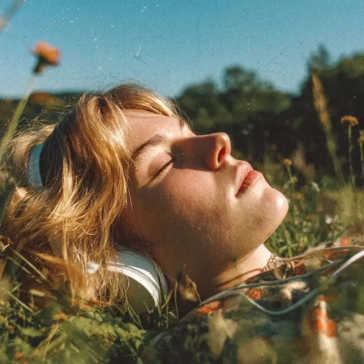 Woman listening to headphones outdoors, reclining with her eyes closed in the sun.