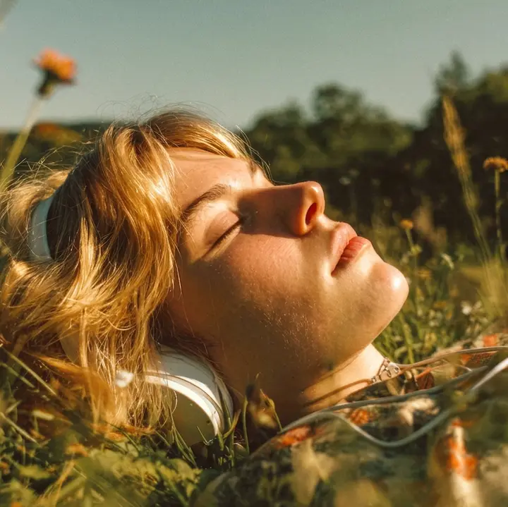 Woman listening to headphones outdoors, reclining with her eyes closed in the sun.
